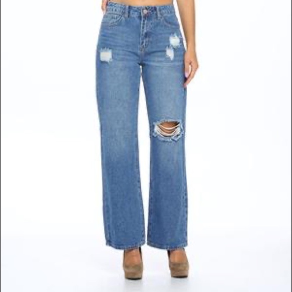 Women's High Rise Destroyed Straight Wide Leg Jeans
